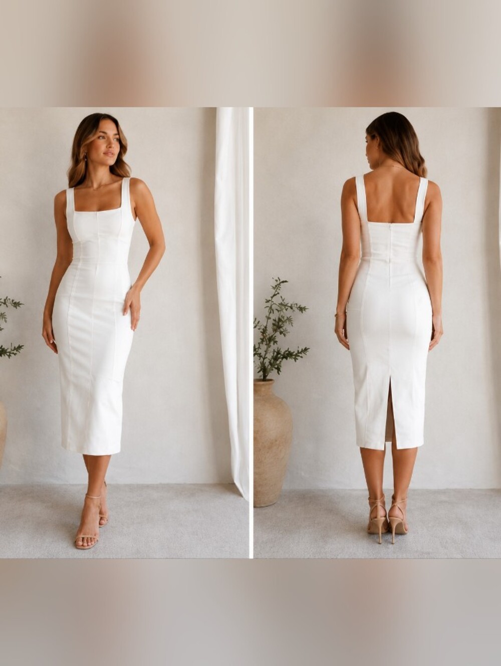 white stretch denim midi dress square neck fitted sheath sleeveless l